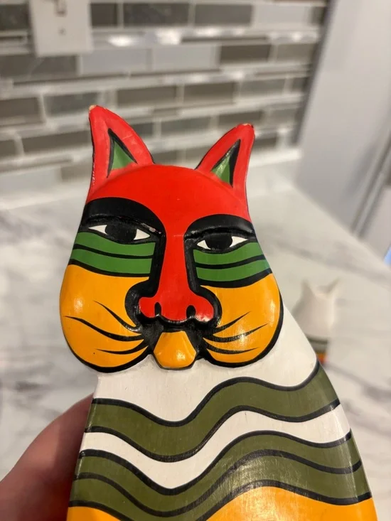 Vintage Laurel Burch style Cat figurines wooden hand painted folk art cat decor - Picture 5 of 9